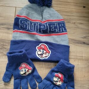 Super Kids Blue and Gray Hat and Gloves Set
